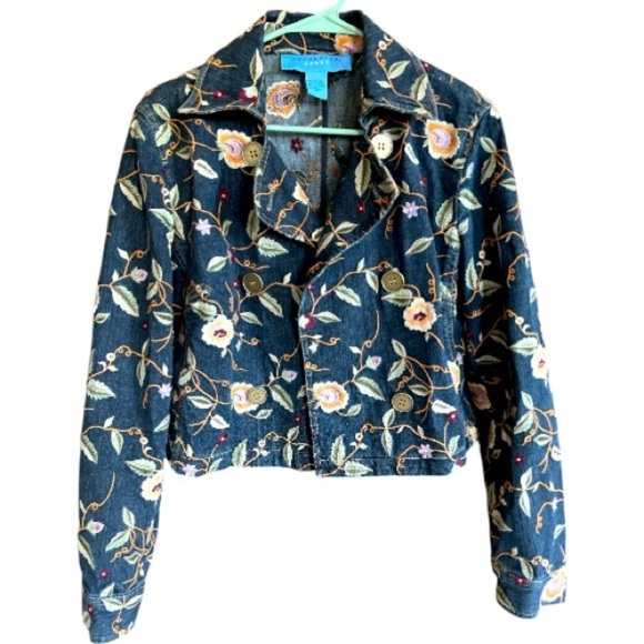 Doncaster Dark Denim Floral Embroidered Jean Jacket Cropped Boho Peacoat Size 10 - Picture 7 of 12